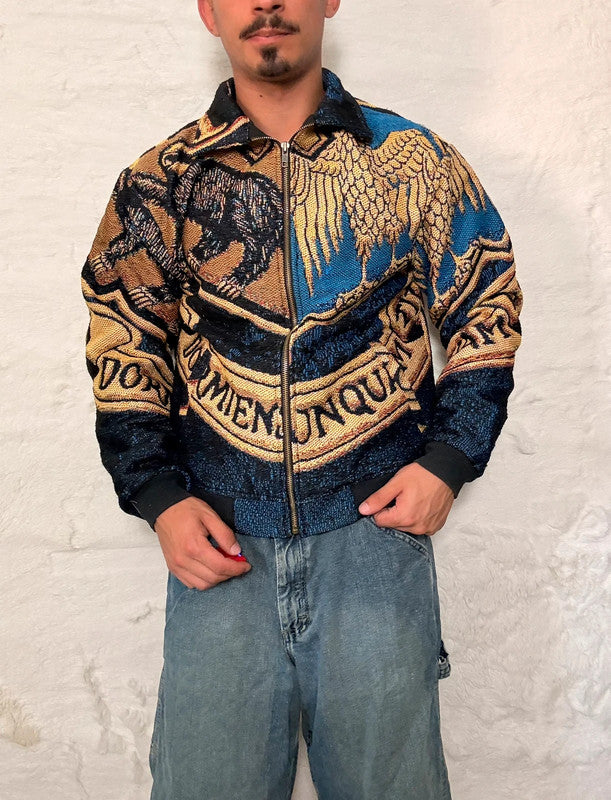 Veste Harrington en tapisserie design unique fait main upcyclé retravaillé et tissé taille S n•906