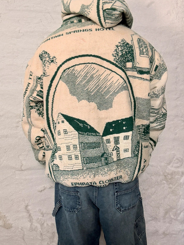 Veste à capuche en tapisserie design unique fait main upcyclé retravaillé et tissé taille XL n•909