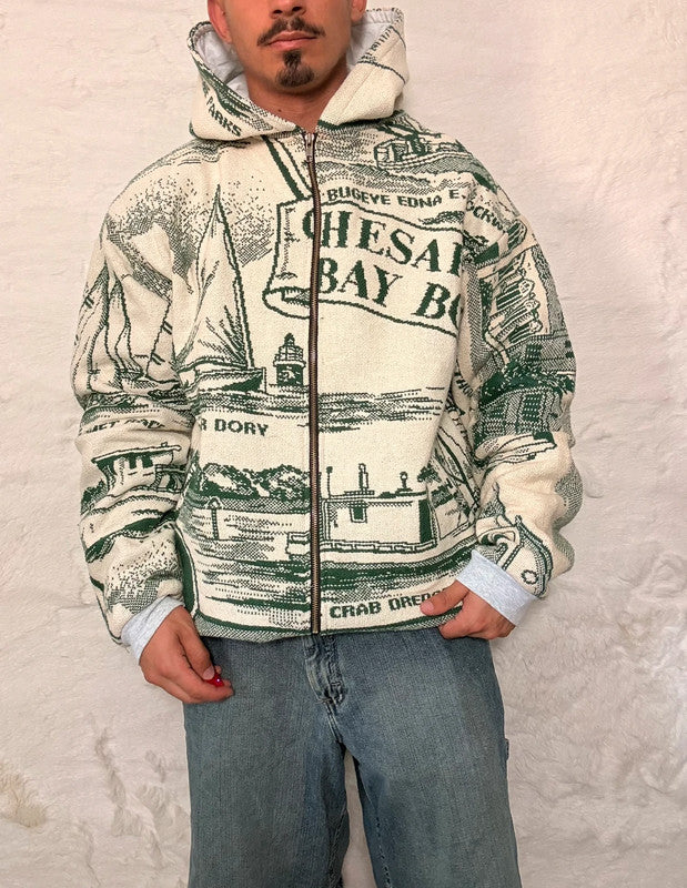 Veste à capuche en tapisserie design unique fait main upcyclé retravaillé et tissé taille XL n•909