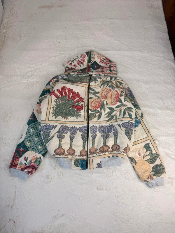 Veste à capuche en tapisserie design unique fait main upcyclé retravaillé et tissé taille L n•910