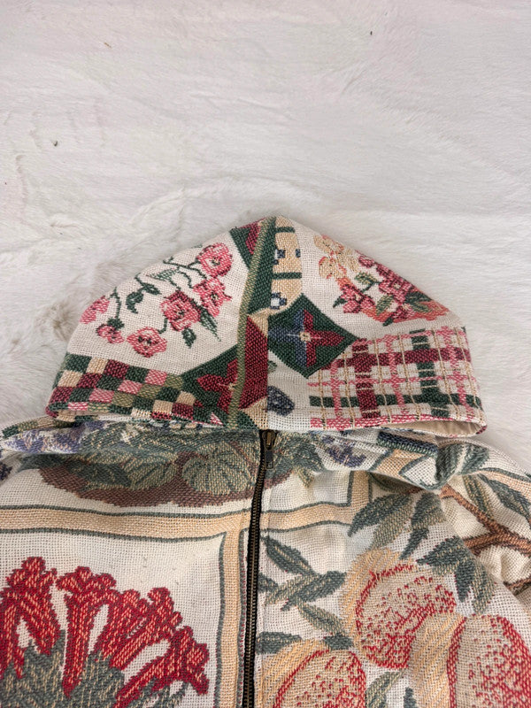 Veste à capuche en tapisserie design unique fait main upcyclé retravaillé et tissé taille L n•910