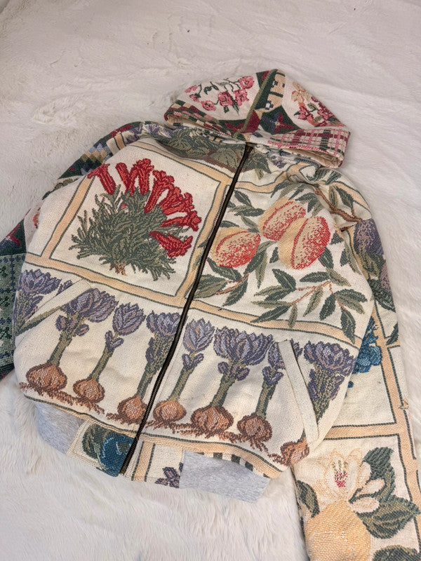 Veste à capuche en tapisserie design unique fait main upcyclé retravaillé et tissé taille L n•910