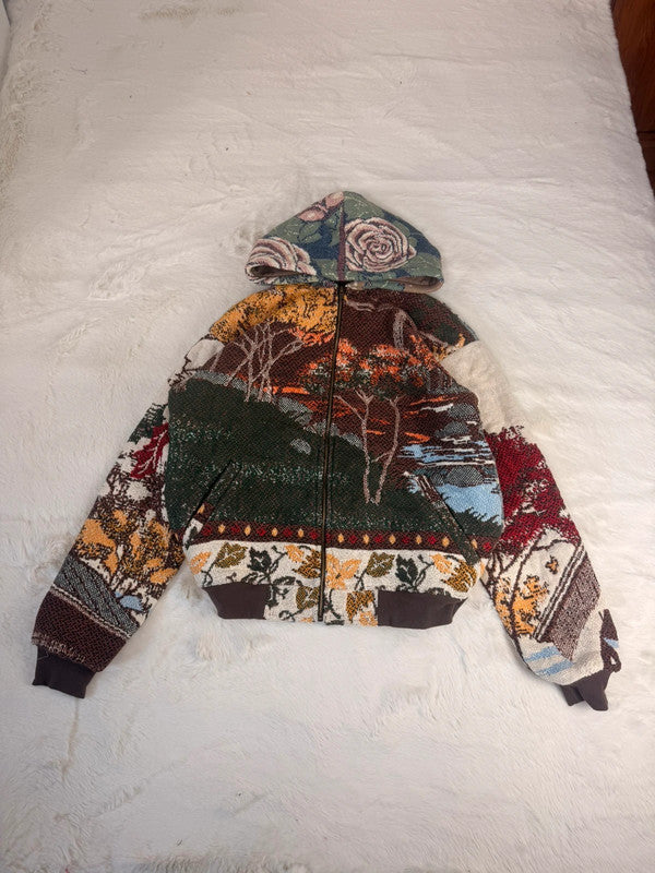 Veste à capuche en tapisserie design unique fait main upcyclé retravaillé et tissé taille L n•911