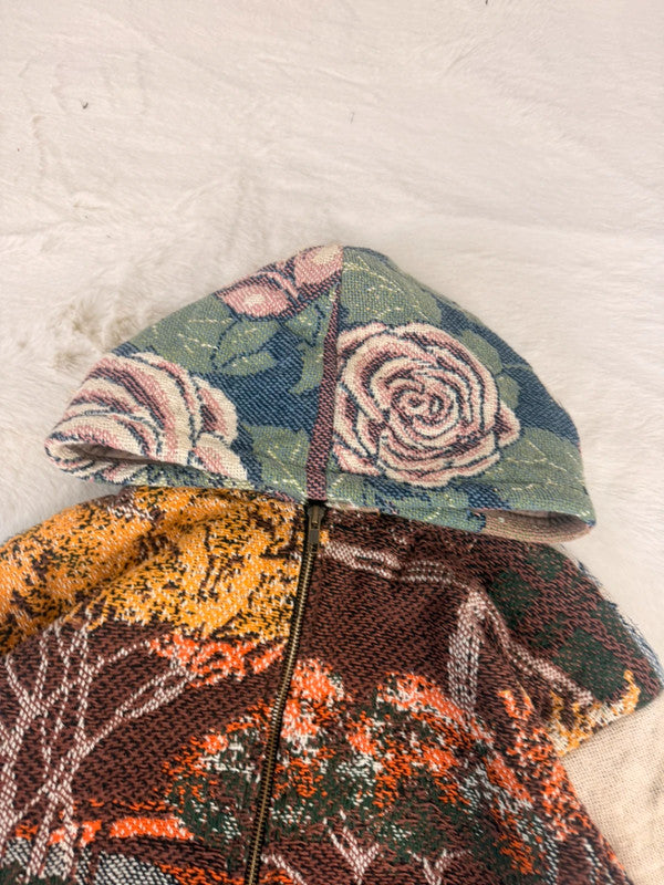 Veste à capuche en tapisserie design unique fait main upcyclé retravaillé et tissé taille L n•911