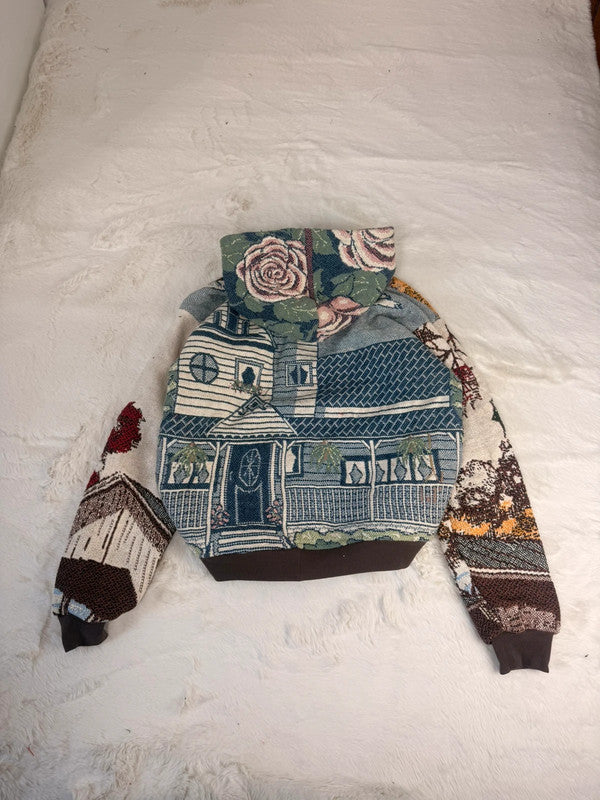 Veste à capuche en tapisserie design unique fait main upcyclé retravaillé et tissé taille L n•911