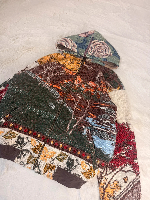 Veste à capuche en tapisserie design unique fait main upcyclé retravaillé et tissé taille L n•911