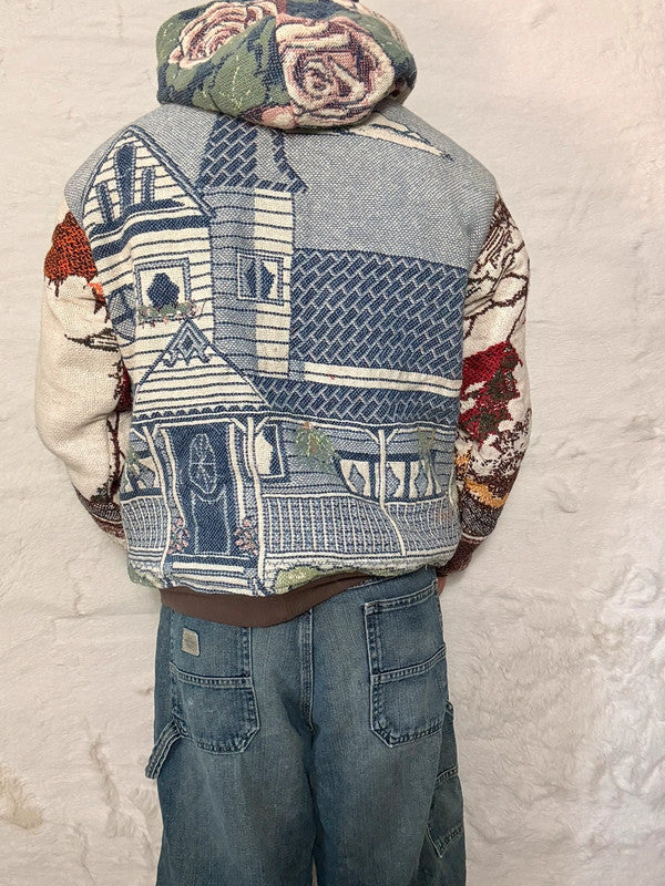 Veste à capuche en tapisserie design unique fait main upcyclé retravaillé et tissé taille L n•911