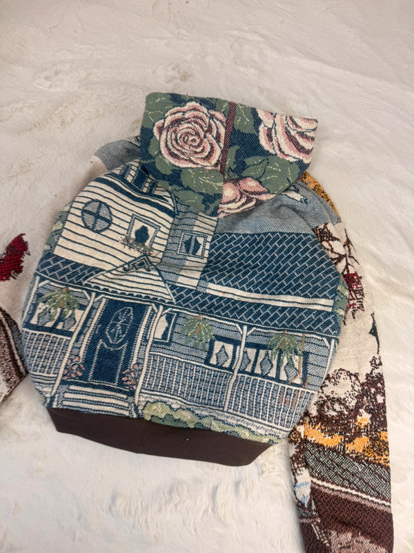 Veste à capuche en tapisserie design unique fait main upcyclé retravaillé et tissé taille L n•911
