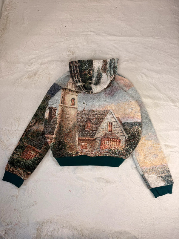 Veste à capuche en tapisserie design unique fait main upcyclé retravaillé et tissé taille M n•912