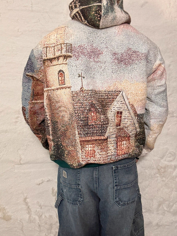 Veste à capuche en tapisserie design unique fait main upcyclé retravaillé et tissé taille M n•912