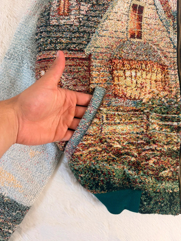 Veste à capuche en tapisserie design unique fait main upcyclé retravaillé et tissé taille M n•912