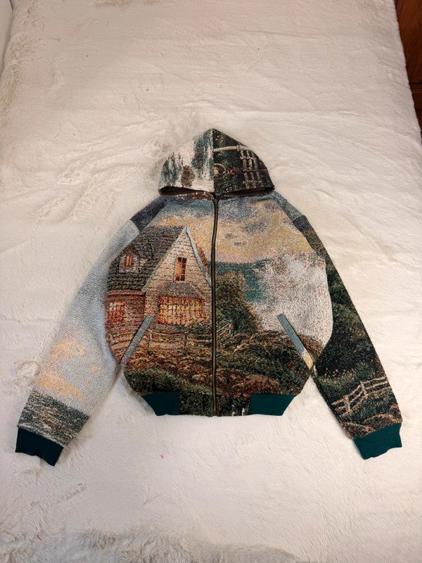 Veste à capuche en tapisserie design unique fait main upcyclé retravaillé et tissé taille M n•912