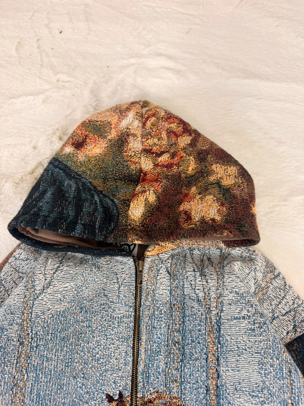 Veste à capuche en tapisserie design unique fait main upcyclé retravaillé et tissé taille S n•913