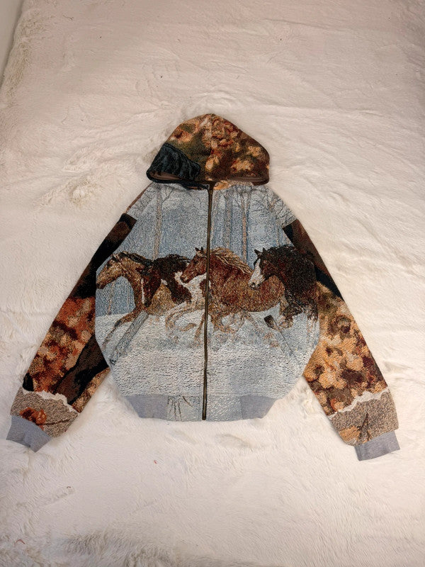 Veste à capuche en tapisserie design unique fait main upcyclé retravaillé et tissé taille S n•913