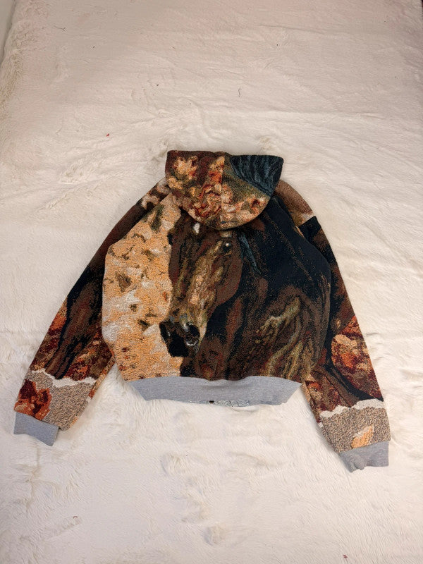 Veste à capuche en tapisserie design unique fait main upcyclé retravaillé et tissé taille S n•913