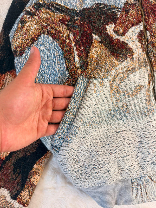 Veste à capuche en tapisserie design unique fait main upcyclé retravaillé et tissé taille S n•913