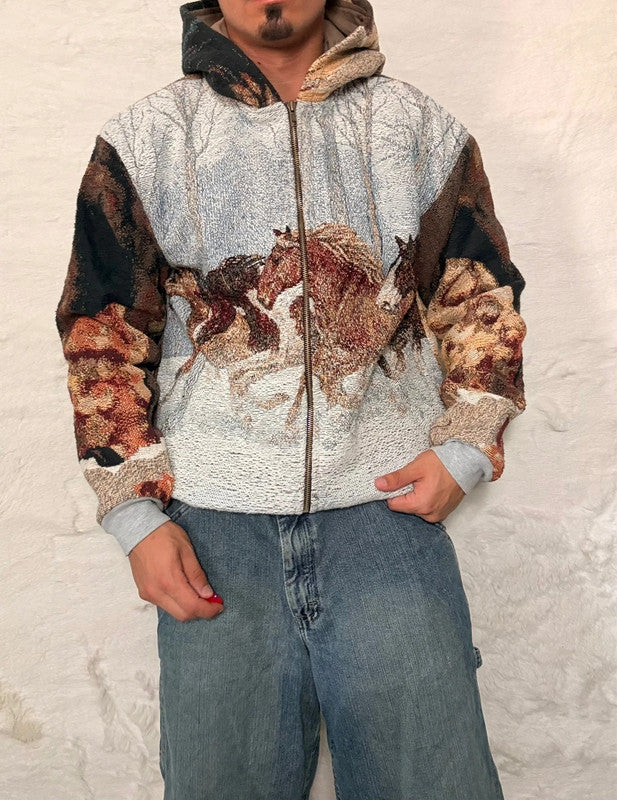 Veste à capuche en tapisserie design unique fait main upcyclé retravaillé et tissé taille S n•913