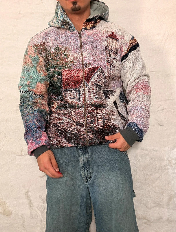 Veste à capuche en tapisserie design unique fait main upcyclé retravaillé et tissé taille S n•914
