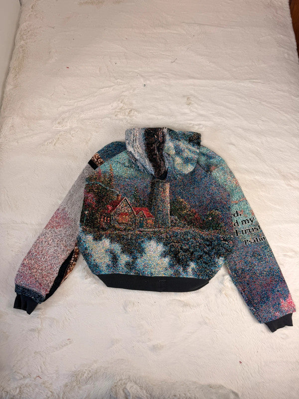 Veste à capuche en tapisserie design unique fait main upcyclé retravaillé et tissé taille S n•914