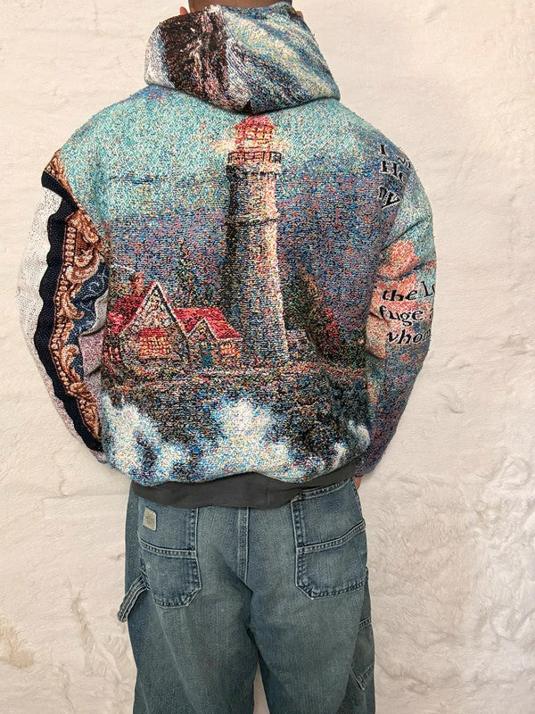 Veste à capuche en tapisserie design unique fait main upcyclé retravaillé et tissé taille S n•914