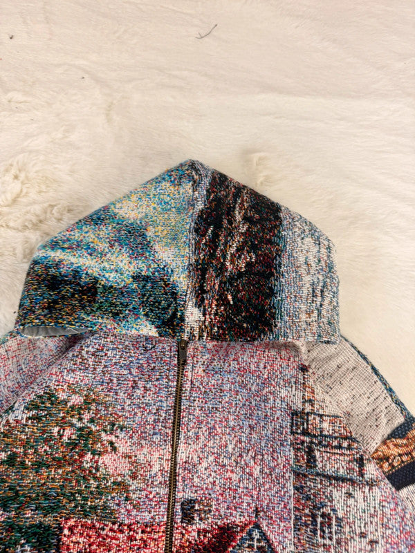 Veste à capuche en tapisserie design unique fait main upcyclé retravaillé et tissé taille S n•914