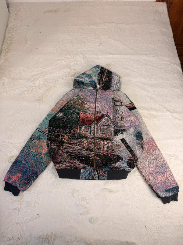 Veste à capuche en tapisserie design unique fait main upcyclé retravaillé et tissé taille S n•914
