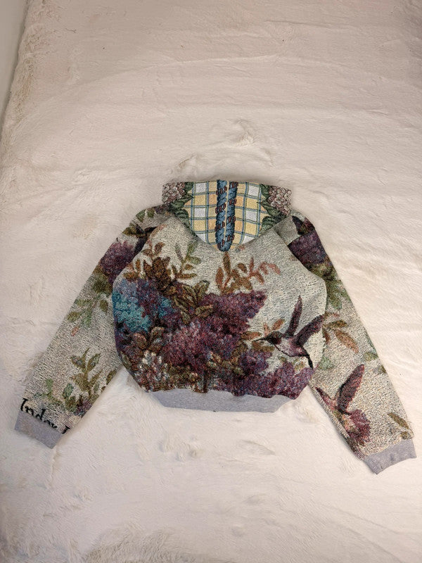 Veste à capuche en tapisserie design unique fait upcyclé retravaillé et tissé taille S n•915