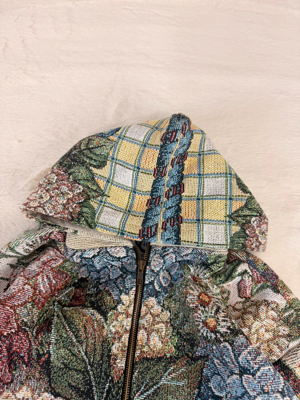 Veste à capuche en tapisserie design unique fait upcyclé retravaillé et tissé taille S n•915