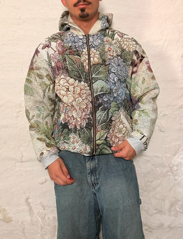Veste à capuche en tapisserie design unique fait upcyclé retravaillé et tissé taille S n•915