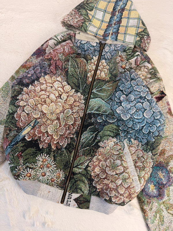 Veste à capuche en tapisserie design unique fait upcyclé retravaillé et tissé taille S n•915