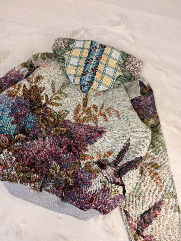 Veste à capuche en tapisserie design unique fait upcyclé retravaillé et tissé taille S n•915