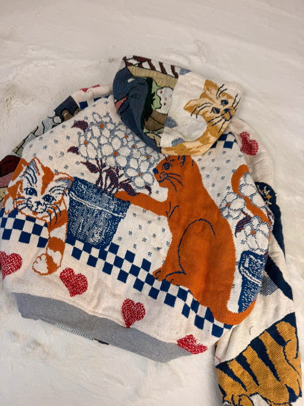 Veste à capuche en tapisserie design unique fait main upcyclé retravaillé et tissé taille L n•916