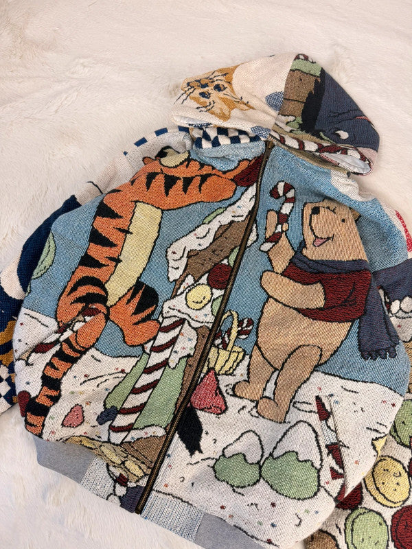 Veste à capuche en tapisserie design unique fait main upcyclé retravaillé et tissé taille L n•916