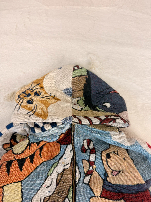 Veste à capuche en tapisserie design unique fait main upcyclé retravaillé et tissé taille L n•916