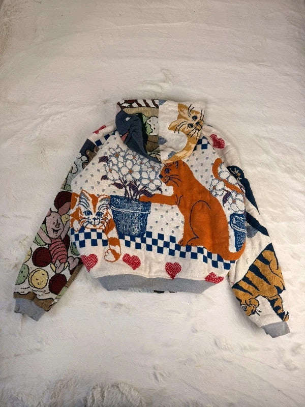 Veste à capuche en tapisserie design unique fait main upcyclé retravaillé et tissé taille L n•916