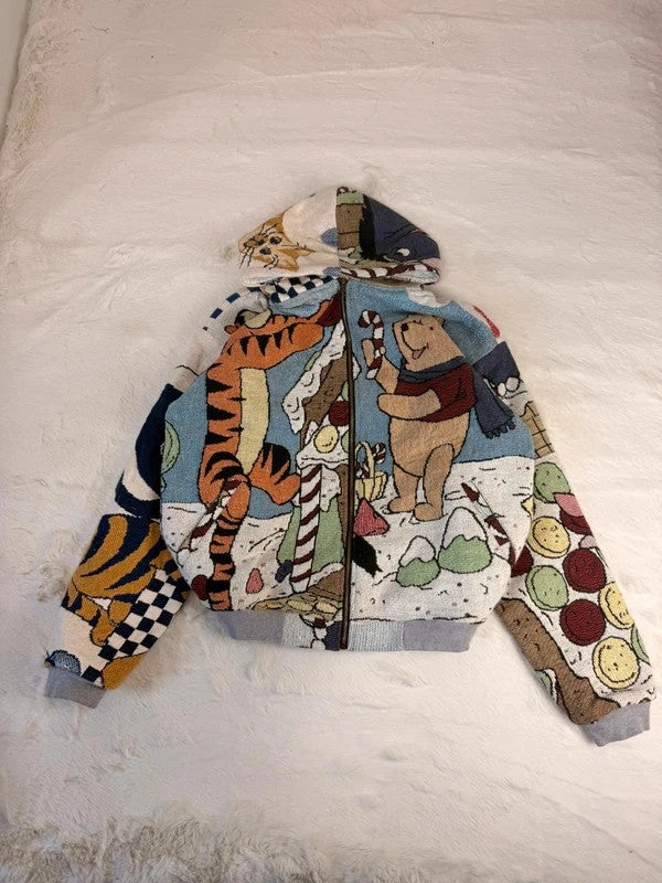 Veste à capuche en tapisserie design unique fait main upcyclé retravaillé et tissé taille L n•916