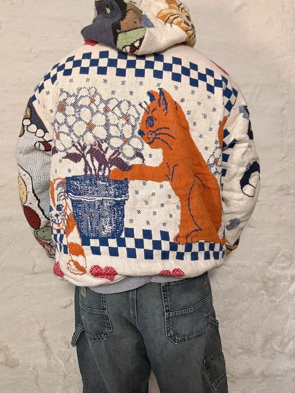 Veste à capuche en tapisserie design unique fait main upcyclé retravaillé et tissé taille L n•916