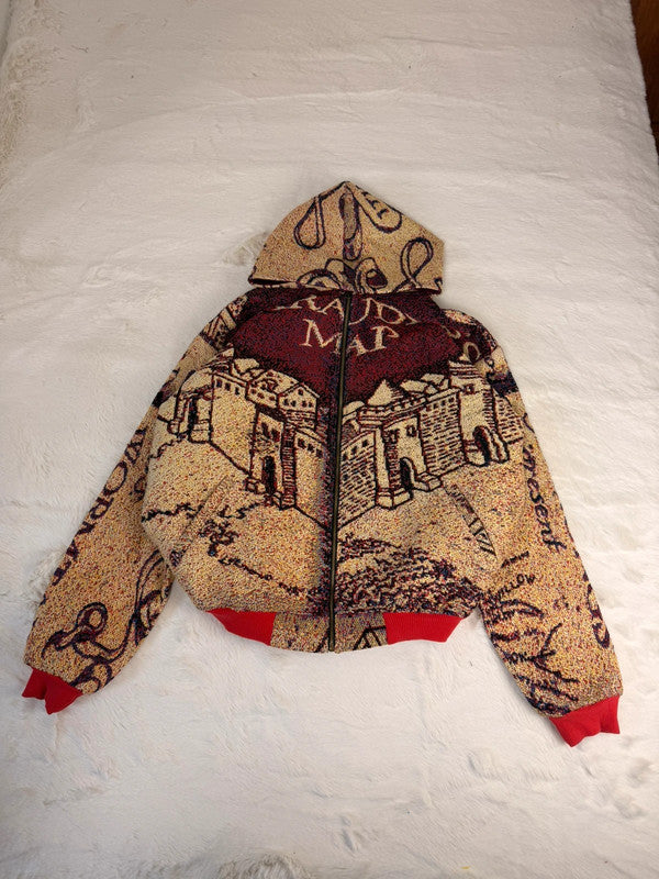 Veste à capuche en tapisserie design unique fait main upcyclé retravaillé et tissé taille L n•917