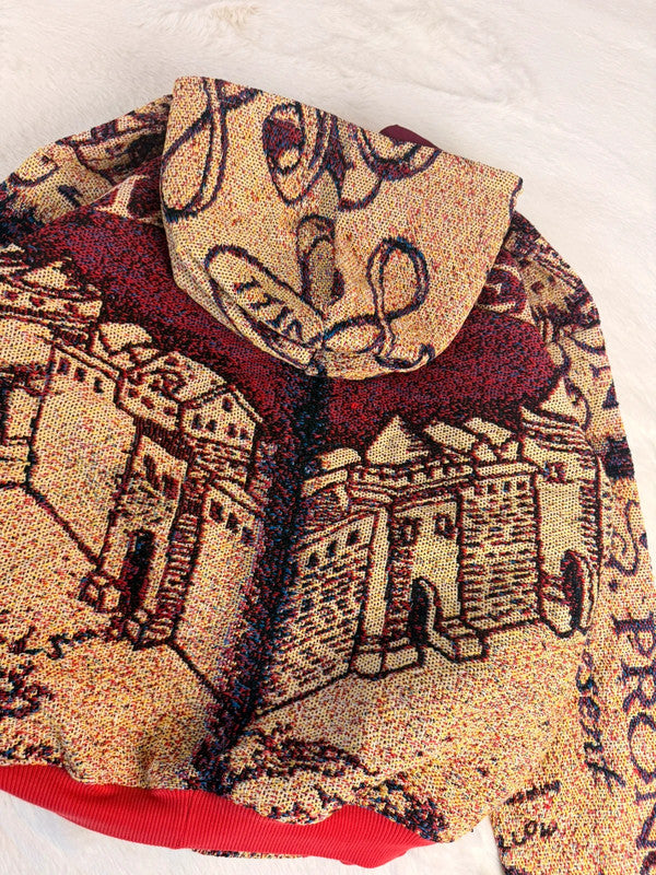 Veste à capuche en tapisserie design unique fait main upcyclé retravaillé et tissé taille L n•917