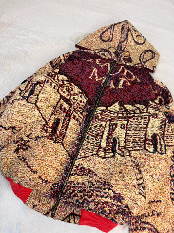 Veste à capuche en tapisserie design unique fait main upcyclé retravaillé et tissé taille L n•917