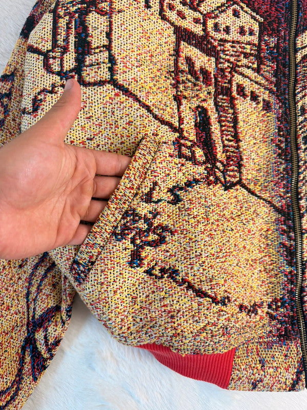 Veste à capuche en tapisserie design unique fait main upcyclé retravaillé et tissé taille L n•917