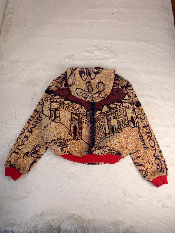 Veste à capuche en tapisserie design unique fait main upcyclé retravaillé et tissé taille L n•917
