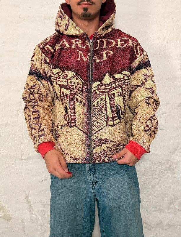 Veste à capuche en tapisserie design unique fait main upcyclé retravaillé et tissé taille L n•917