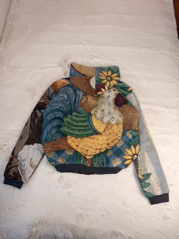 Veste à capuche en tapisserie design unique fait main upcyclé retravaillé et tissé taille XL n•918