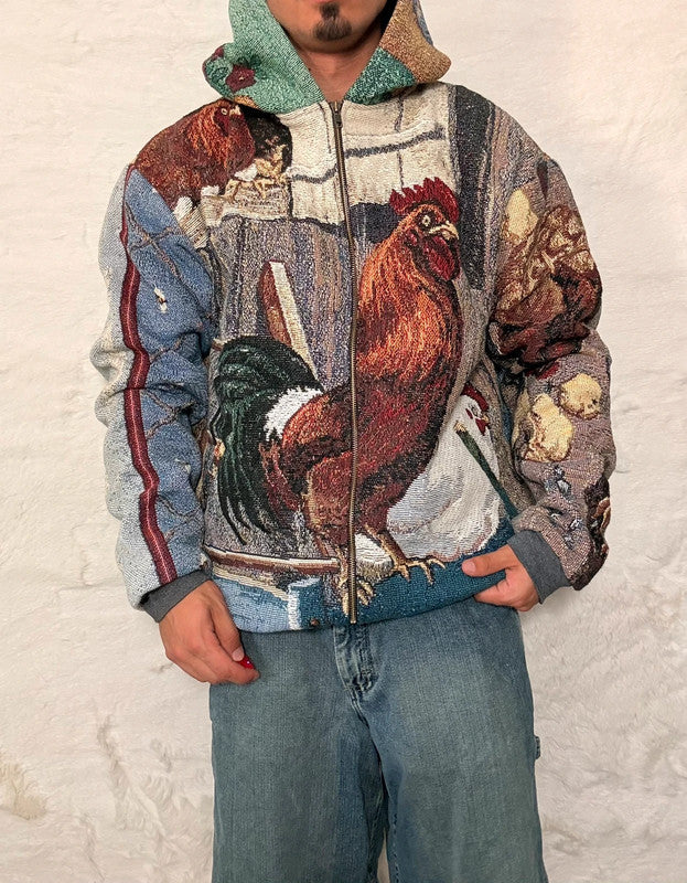 Veste à capuche en tapisserie design unique fait main upcyclé retravaillé et tissé taille XL n•918