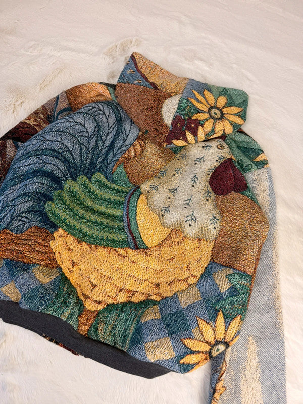 Veste à capuche en tapisserie design unique fait main upcyclé retravaillé et tissé taille XL n•918
