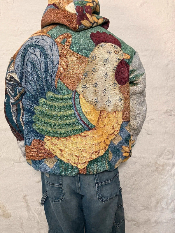 Veste à capuche en tapisserie design unique fait main upcyclé retravaillé et tissé taille XL n•918