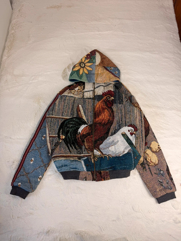 Veste à capuche en tapisserie design unique fait main upcyclé retravaillé et tissé taille XL n•918