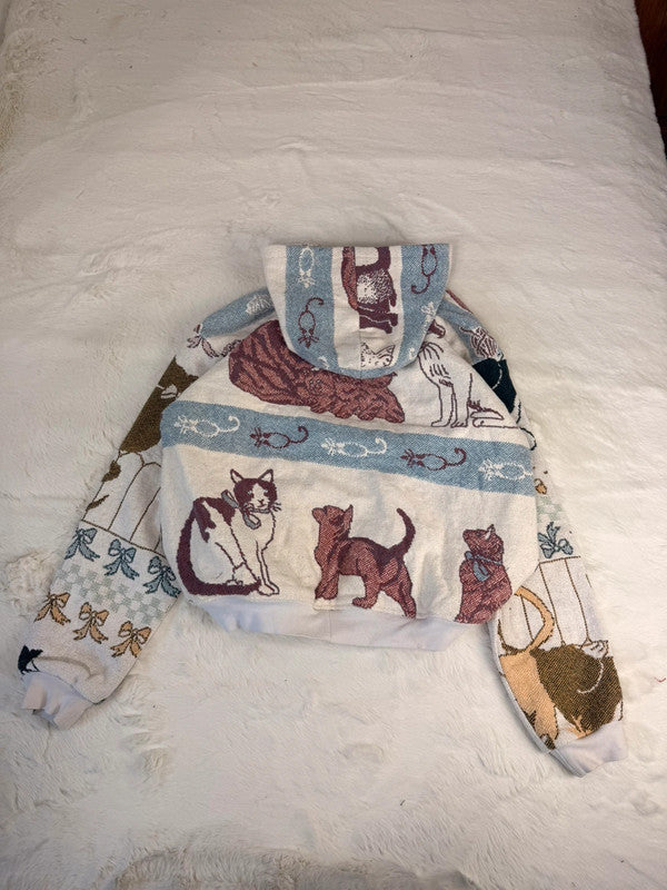 Veste à capuche en tapisserie design unique fait main upcyclé retravaillé et tissé taille L n•919