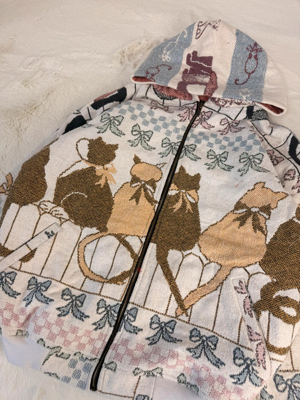 Veste à capuche en tapisserie design unique fait main upcyclé retravaillé et tissé taille L n•919